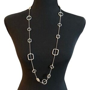 Silver Tone Long Geometric‎ Link Necklace Oval & Square Shapes 36" Modern
